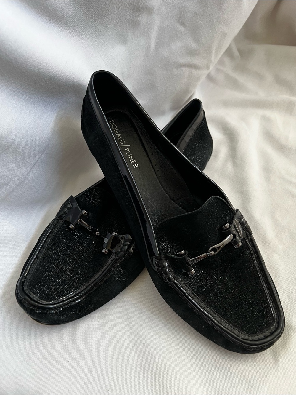 Donald J. Pliner Black Suede and Leather Loafers with Horse Bit Detail